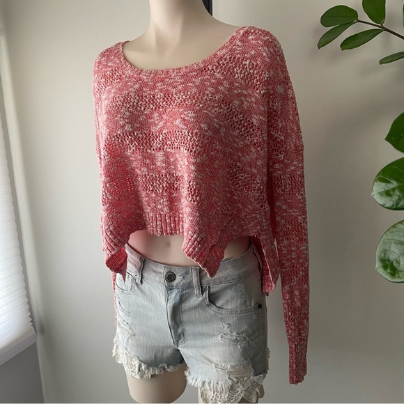 Roxy Cropped High Low Heathered Pink Knit Pullover Sweater Size Medium - Picture 5 of 6